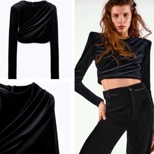 4/$20 - Zara Black Velvet Wrap Drape Long Sleeve Shoulder Pad Crop Top (medium)